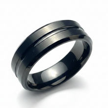 Load image into Gallery viewer, A black stainless steel ring band with a brushed satin finish and polished beveled edges, shown on a clean white background.
