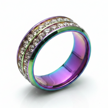 Load image into Gallery viewer, An iridescent rainbow-colored ring band with two rows of clear rhinestones, shown on a clean white background.
