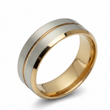 Load image into Gallery viewer, A two-tone metal band ring with a brushed silver outer surface and polished rose gold inner surface, separated by a thin rose gold stripe, shown on a white background.
