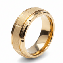 Load image into Gallery viewer, A rose gold stainless steel band ring with a brushed texture outer band and polished beveled edges, shown on a clean white background.
