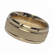 Load image into Gallery viewer, A rose gold stainless steel band ring with a brushed gold outer band and a polished yellow gold inner band, shown on a plain white background.
