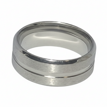 Load image into Gallery viewer, A silver-toned stainless steel band ring with a brushed finish and polished beveled edges, shown on a plain white background.
