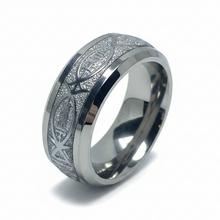 Load image into Gallery viewer, A stainless steel ring with a silver finish and Jesus pattern etched on its surface.
