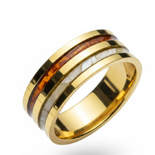 Load image into Gallery viewer, Stainless Steel Gold &amp; wood ring. Size 5, 6, 6.5, 8, 9, 10, 11, 12.5, 14. RW11
