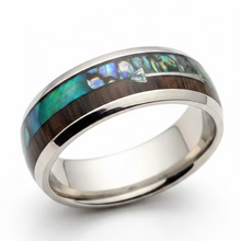 Load image into Gallery viewer, Stainless Steel Wood &amp; shell ring. Sizes 5, 8, 9. RW07
