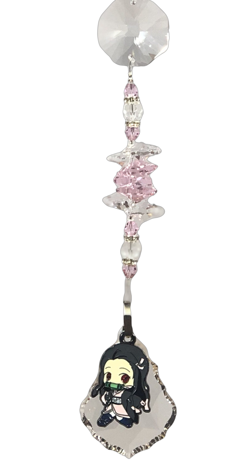 Demon Slayer -Nezuko Kamado crystal suncatcher, decorated with 50mm Starburst crystal and rose quartz gemstone.