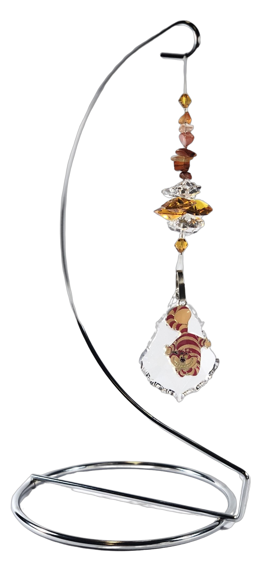 Alice in Wonderland - Cheshire Cat crystal suncatcher is decorated with carnelian gemstones and come on this amazing stand.