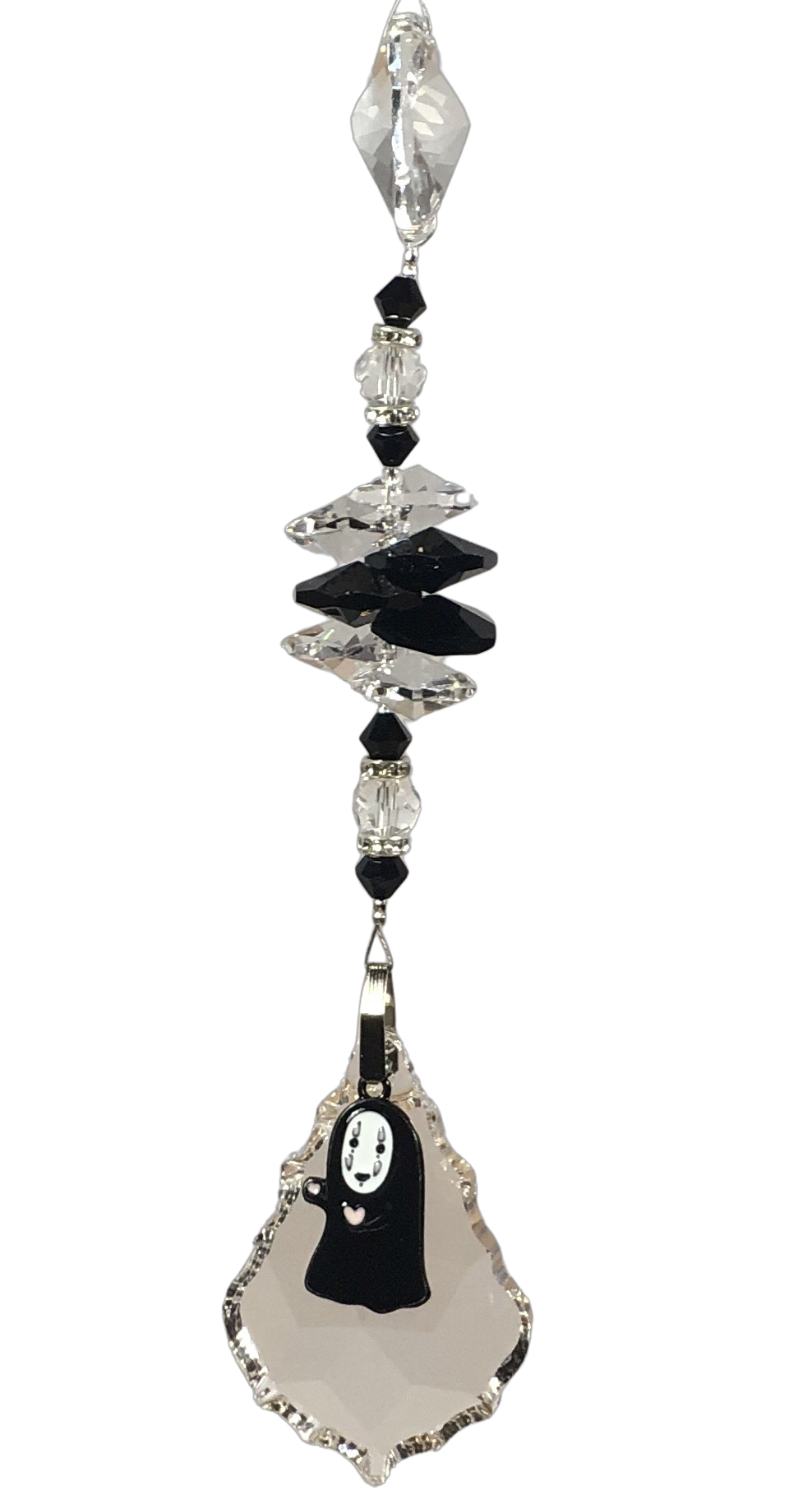 Spirited Away - No Face crystal suncatcher, decorated with 50mm Starburst crystal and snowflake obsidian gemstone.
