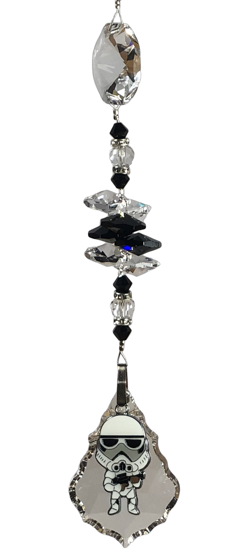 Star Wars - Stormtrooper crystal suncatcher, decorated with 50mm Starburst crystal and snowflake obsidian gemstone.