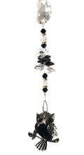 Load image into Gallery viewer, Owl suncatcher is decorated with crystals and Snowflake Obsidian gemstones
