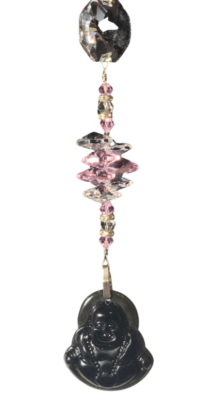 Carved Buddha suncatcher is decorated with crystals and Rose Quartz gemstones