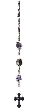Load image into Gallery viewer, Carved Cross suncatcher is decorated with crystals and Rose Quartz gemstones
