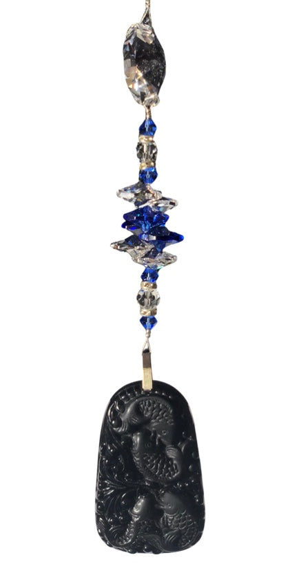 Carved Pisces suncatcher is decorated with crystals and Lapis Lazuli gemstones