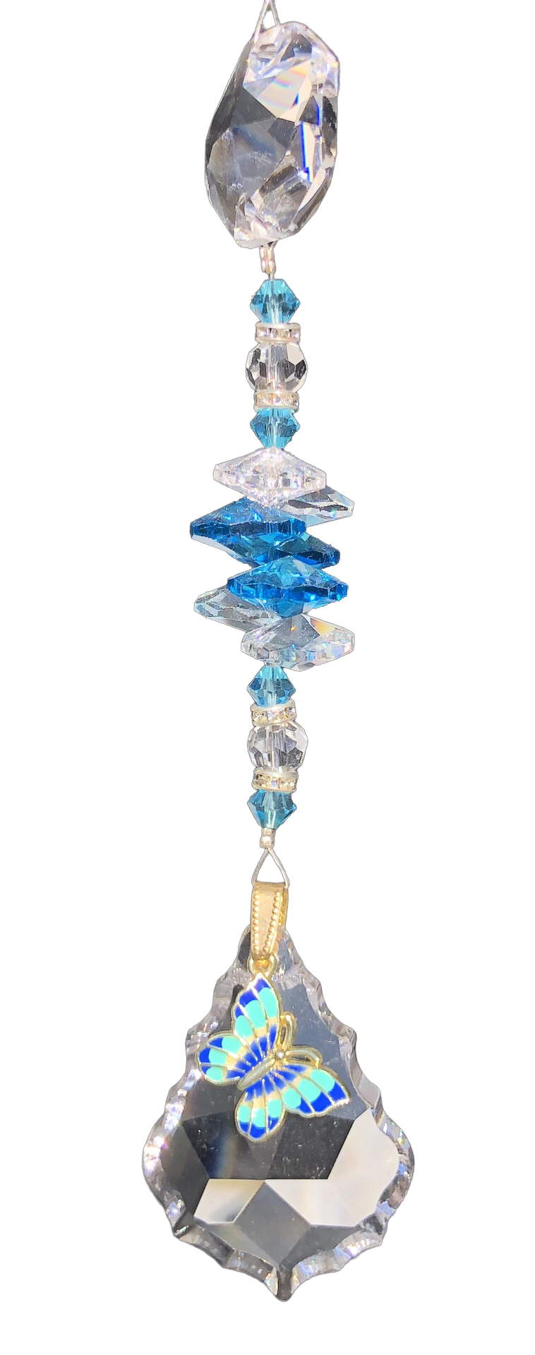 Blue Butterfly 50mm Crystal starburst suncatcher, is decorated with crystals and turquoise.