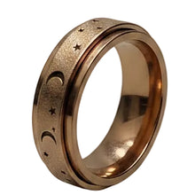 Load image into Gallery viewer, Fidget ring - Rose Gold glitter moons &amp; stars spinner. Sizes 6, 7, 8, 9, 10, 11, 12. FR122

