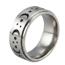 Load image into Gallery viewer, Fidget ring -  silver spinner with star and moons. Sizes 6, 7, 10.   (FR43)
