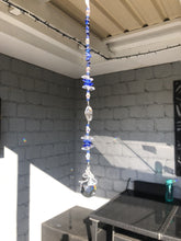 Load and play video in Gallery viewer, Dragonfly 50mm Crystal almond suncatcher, is decorated with crystals and Lapis Lazuli.
