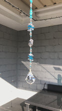 Load and play video in Gallery viewer, Blue Butterfly 50mm Crystal starburst suncatcher, is decorated with crystals and turquoise.
