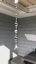 Load and play video in Gallery viewer, Black &amp; White Butterfly 50mm Crystal  almond suncatcher, is decorated with crystals and smokey quartz.
