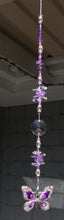 Load and play video in Gallery viewer, Purple butterfly suncatcher is decorated with crystals and amethyst gemstones.
