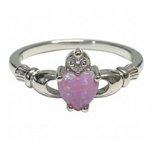 Load image into Gallery viewer, Sterling Silver -  Claddagh Pink Opal (man made)  zirconia ring. Sizes 7, 10.  SS255
