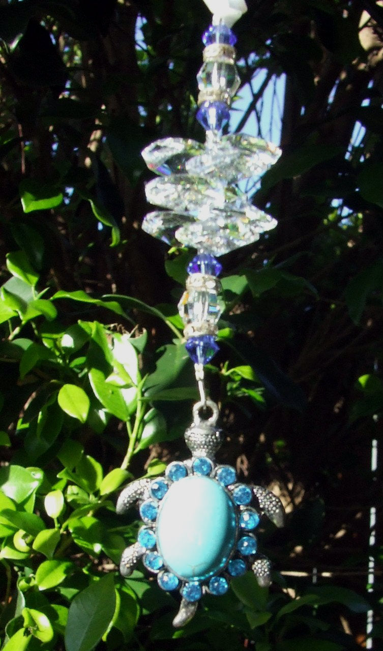 Turtle Blue suncatcher decorated with crystals and blue lace agate gemstones