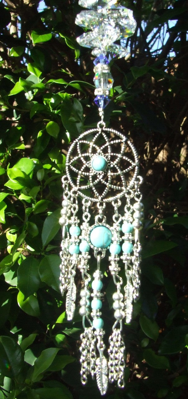 Dreamcatcher Blue Suncatcher decorated with crystal and Turquoise gemstones