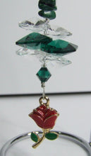 Load image into Gallery viewer, Rose - green crystal suncatcher is decorated with malachite gemstones and come on this amazing small stand.
