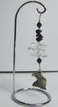 Load image into Gallery viewer, Eagle - black crystal suncatcher is decorated with snowflake obsidian gemstones and come on this amazing small stand.
