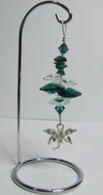 Load image into Gallery viewer, Dragonfly -green crystal suncatcher is decorated with malachite gemstones and come on this amazing small stand.
