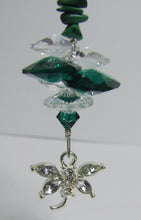 Load image into Gallery viewer, Dragonfly -green crystal suncatcher is decorated with malachite gemstones and come on this amazing small stand.
