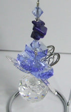 Load image into Gallery viewer, Dragonfly -blue crystal suncatcher is decorated with lapis lazuli gemstones and come on this amazing small stand.
