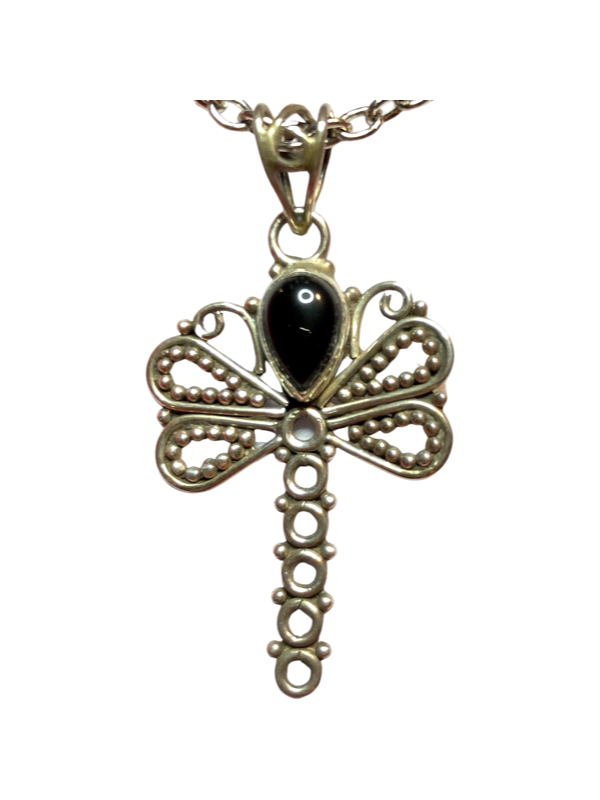 Dragonfly Black Onyx sterling Silver Pendant. (PA431)