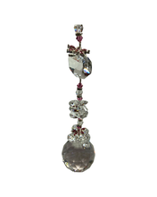 Load image into Gallery viewer, Stunning 50mm crystal ball suncatcher is decorated with dragonflies and rose quartz.
