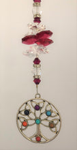 Load image into Gallery viewer, This beautiful Chakra Tree of Life coin suncatcher which is decorated with crystals and Garnet
