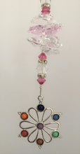 Load image into Gallery viewer, This beautiful Chakra Flower suncatcher which is decorated with crystals and Rose Quartz
