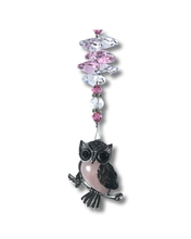 Load image into Gallery viewer, Rose Quartz Owl Suncatcher decorated with rose quartz and crystals.
