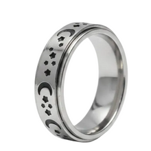 Load image into Gallery viewer, Fidget ring, silver spinner with stars and moons. Sizes 6, 7, 8, 9, 10, 11, 12, 13   (FR10)
