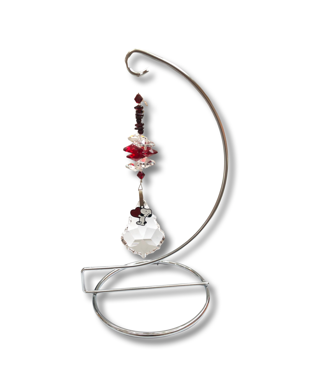 Snoopy large crystal stand, Decorated with crystals and garnet gemstones.