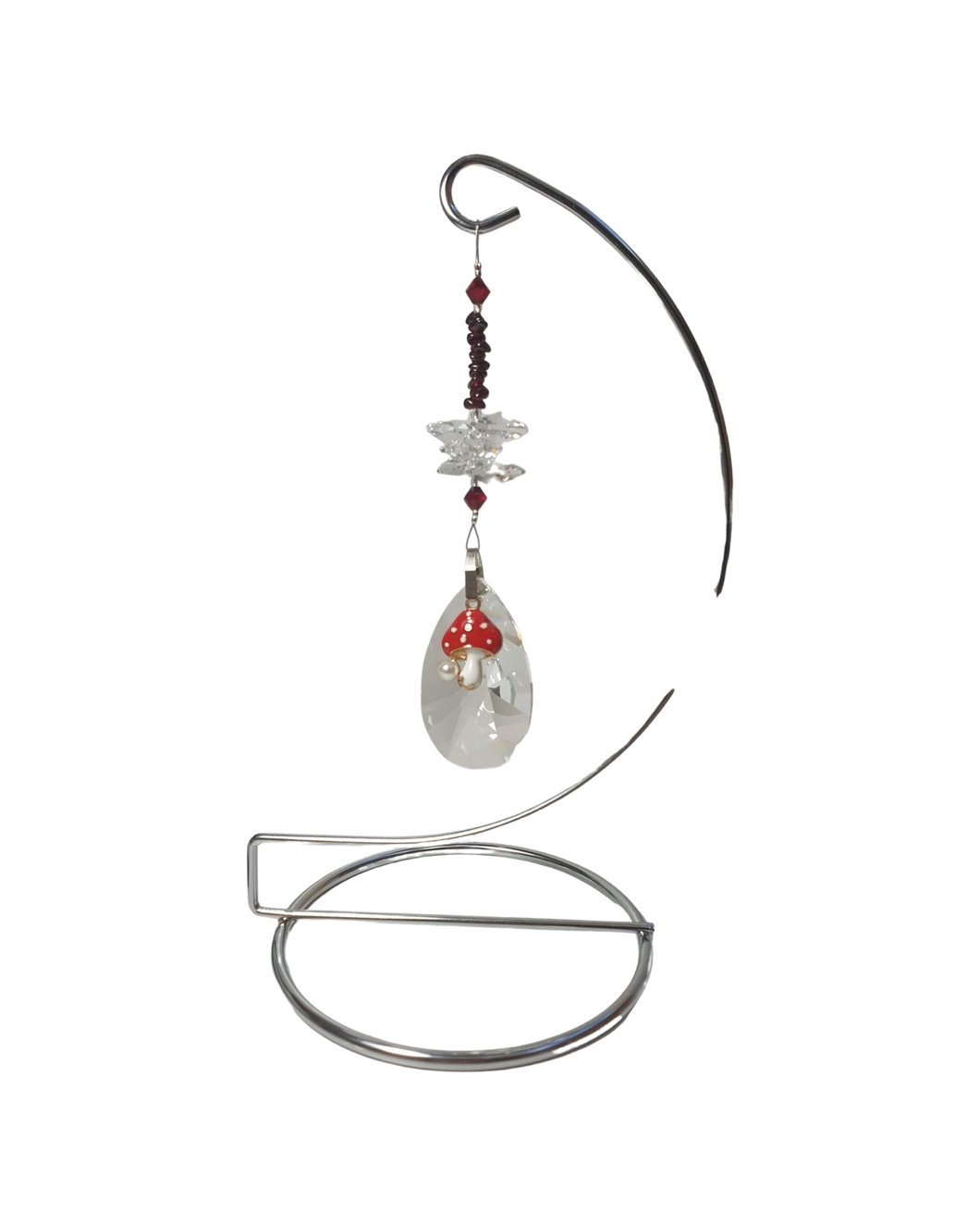 Mushroom -  crystal suncatcher is decorated with garnet gemstones and come on this amazing large stand.